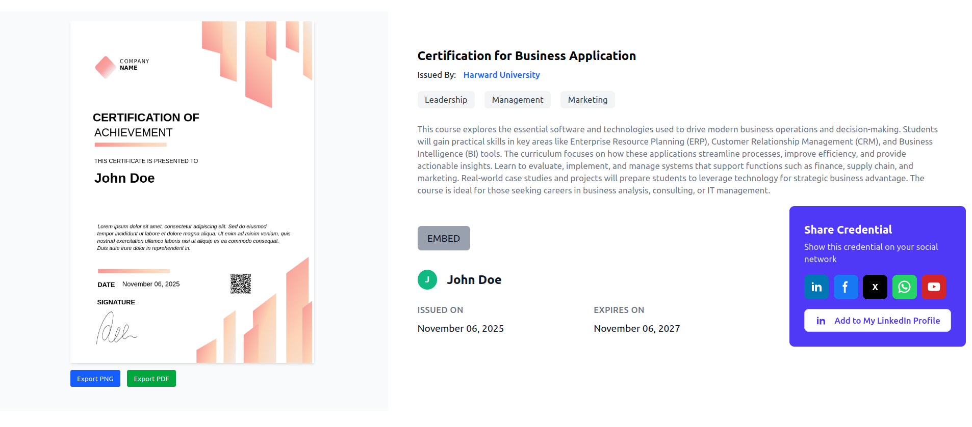 Recipient credential view with QR verification and one-click LinkedIn sharing